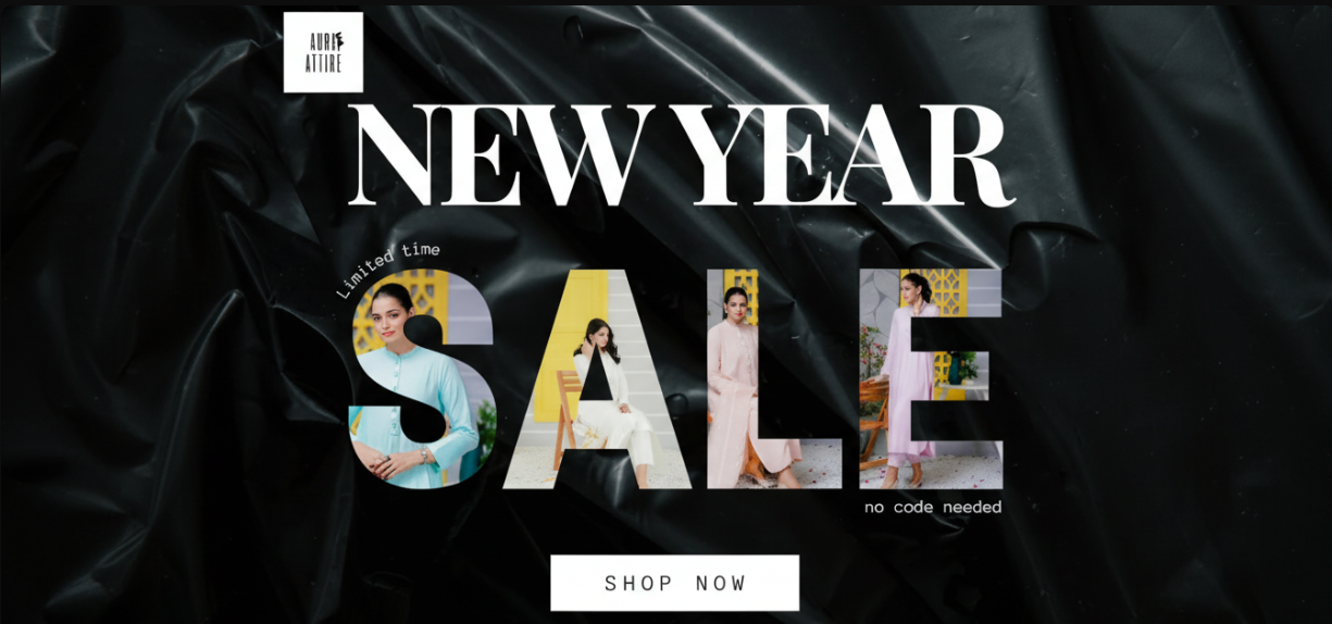 Promotional banner for a New Year sale with text and images of people on a dark background.